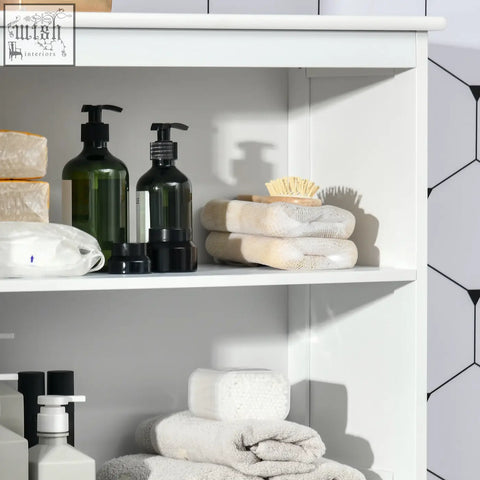 Stack of beige and gray towels on white shelf inside homcom 54w x 28d freestanding kitchen cupboard with two adjustable shelves