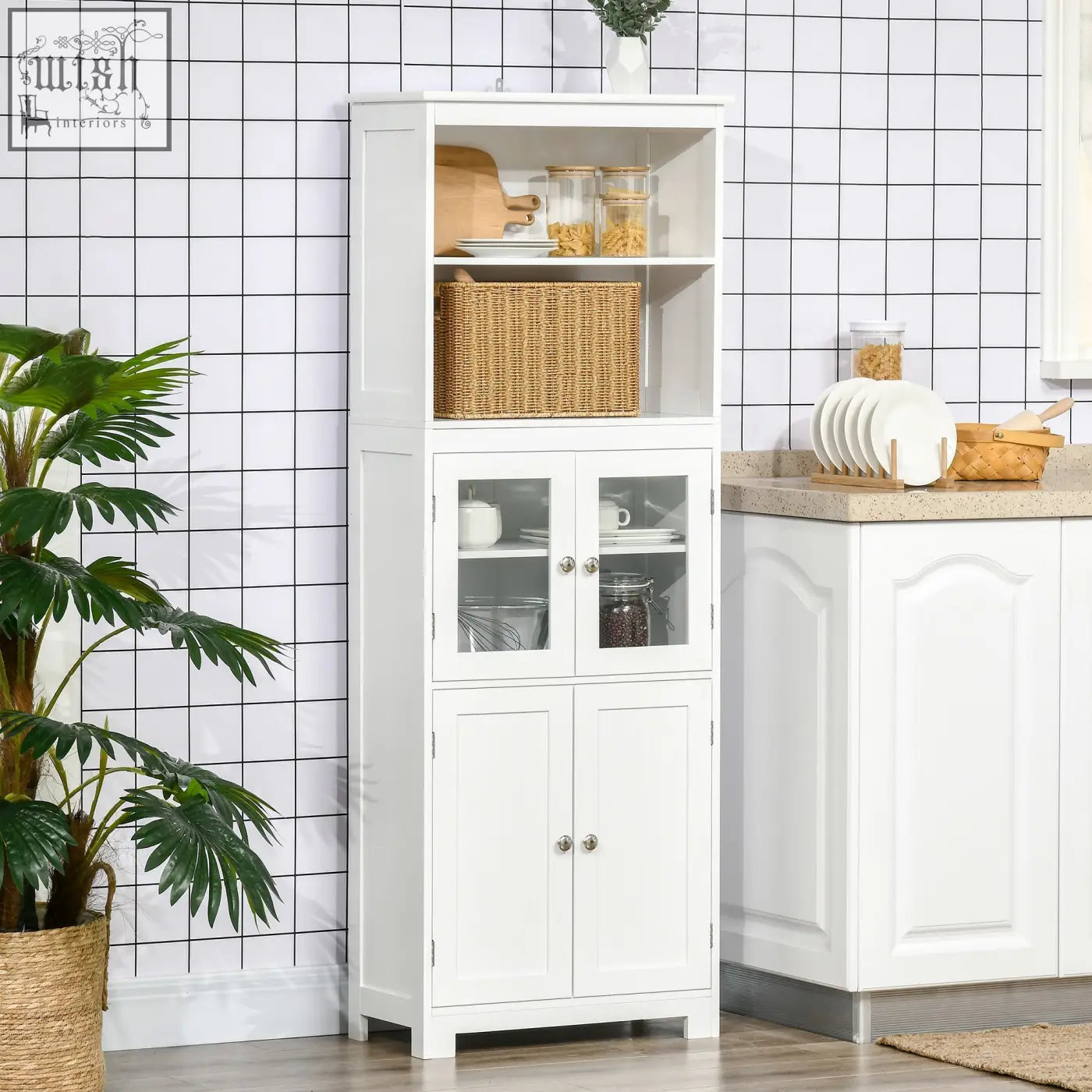 White wooden homcom freestanding kitchen cupboard with glass doors, two shelves, and adjustable shelf, 54w x 28d