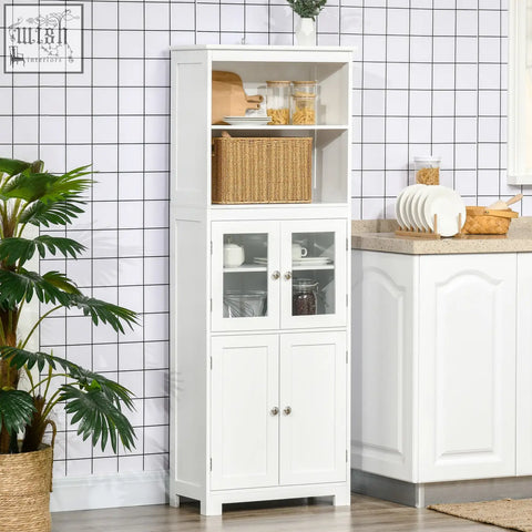 White wooden homcom freestanding kitchen cupboard with glass doors, two shelves, and adjustable shelf, 54w x 28d