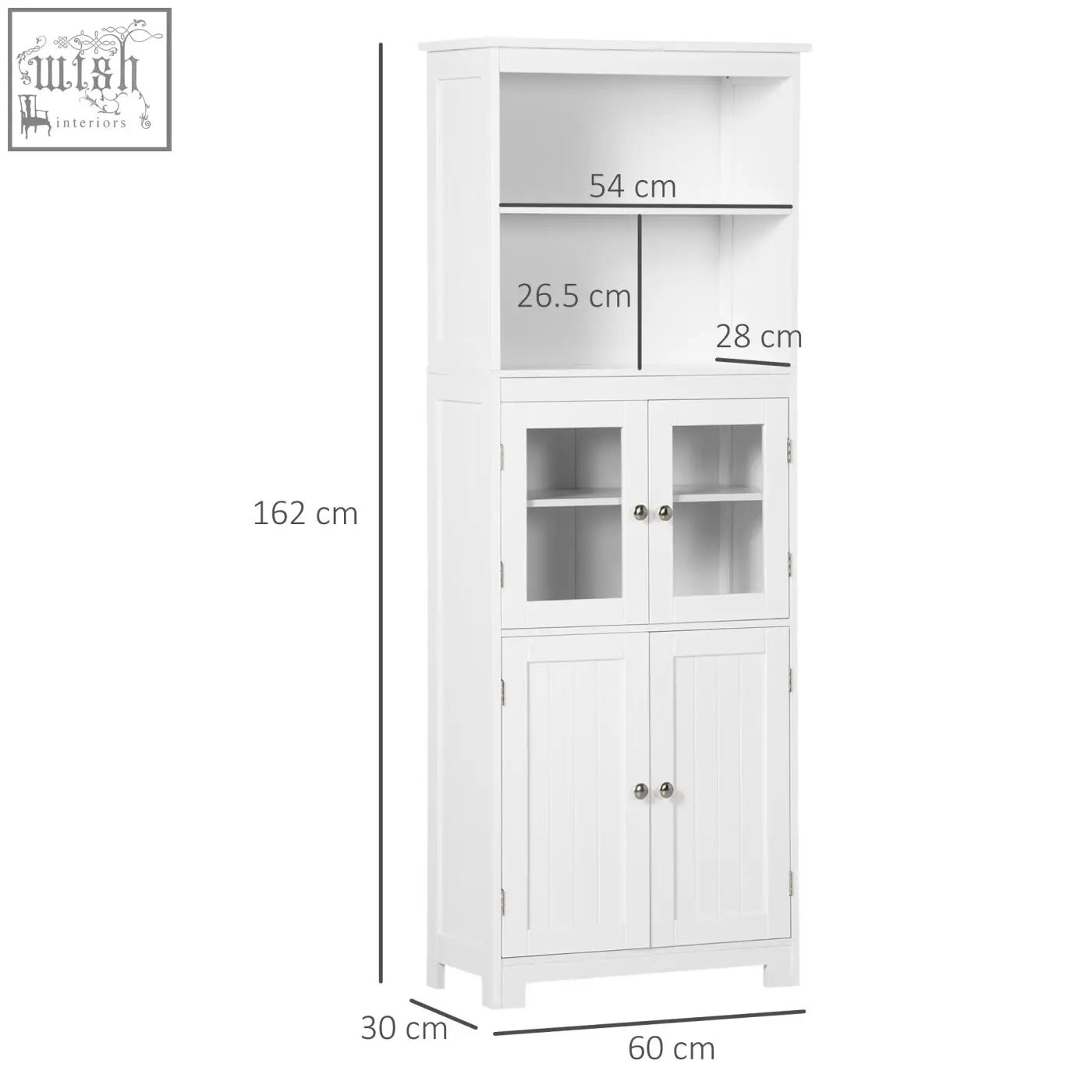 White wooden homcom freestanding kitchen cupboard with glass doors, silver knobs, two shelves, and adjustable shelf 54w x 28d