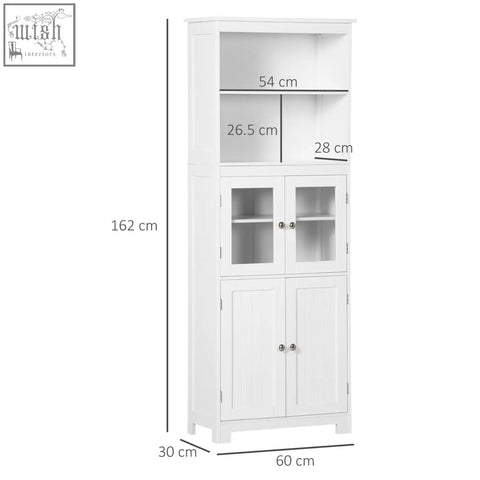 White wooden homcom freestanding kitchen cupboard with glass doors, silver knobs, two shelves, and adjustable shelf 54w x 28d