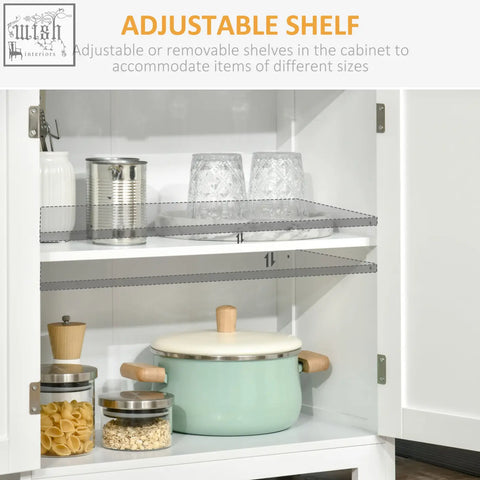 Adjustable metal shelf inside white homcom freestanding kitchen cupboard with two shelves and 54w x 28d size