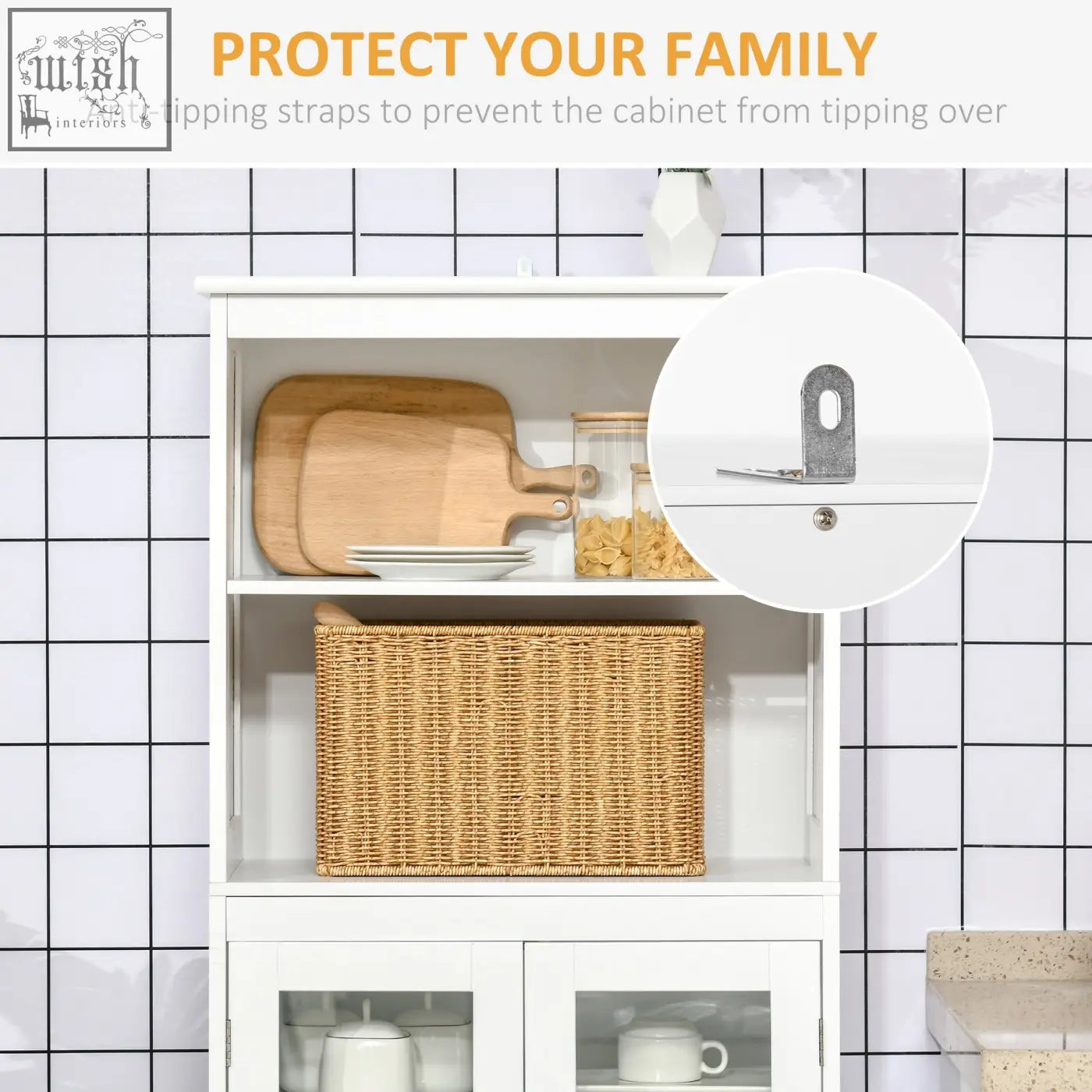 White wooden freestanding kitchen cupboard with glass doors, woven wicker basket on adjustable middle shelf, 54w x 28d two shelves