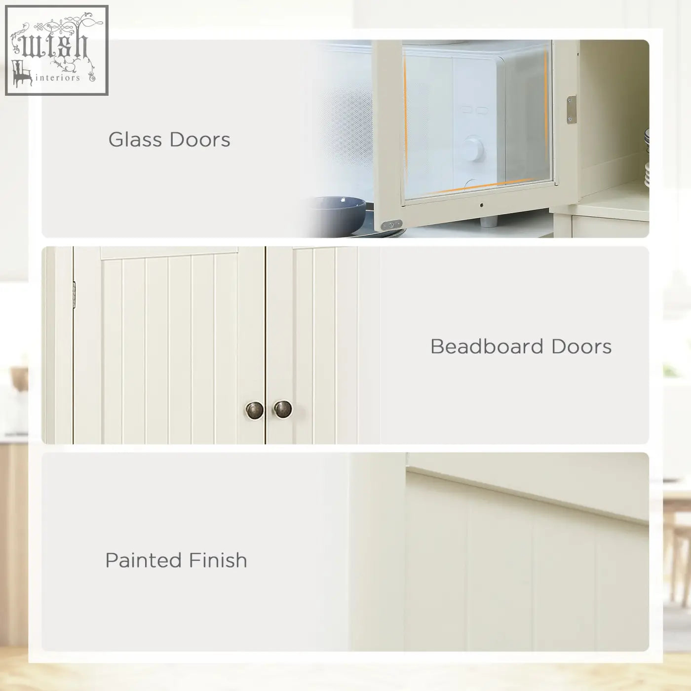Cream-colored freestanding kitchen cupboard with adjustable shelves and glass beadboard doors for living room or dining room