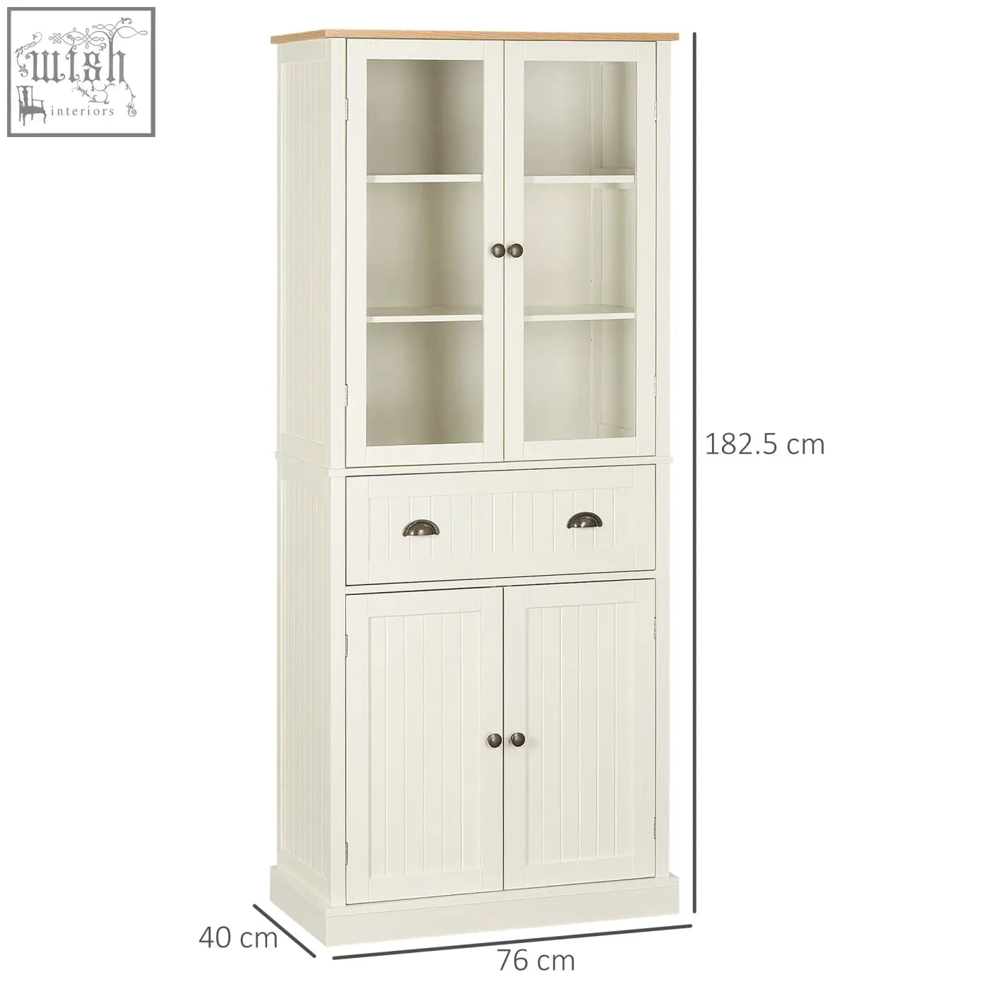 Cream-colored wooden homcom freestanding kitchen cupboard with glass doors and adjustable shelves for living room or dining room