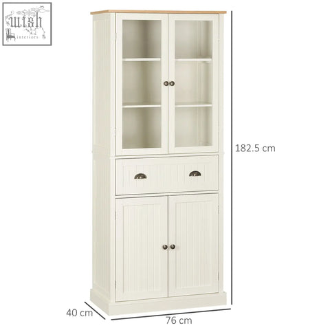 Cream-colored wooden homcom freestanding kitchen cupboard with glass doors and adjustable shelves for living room or dining room