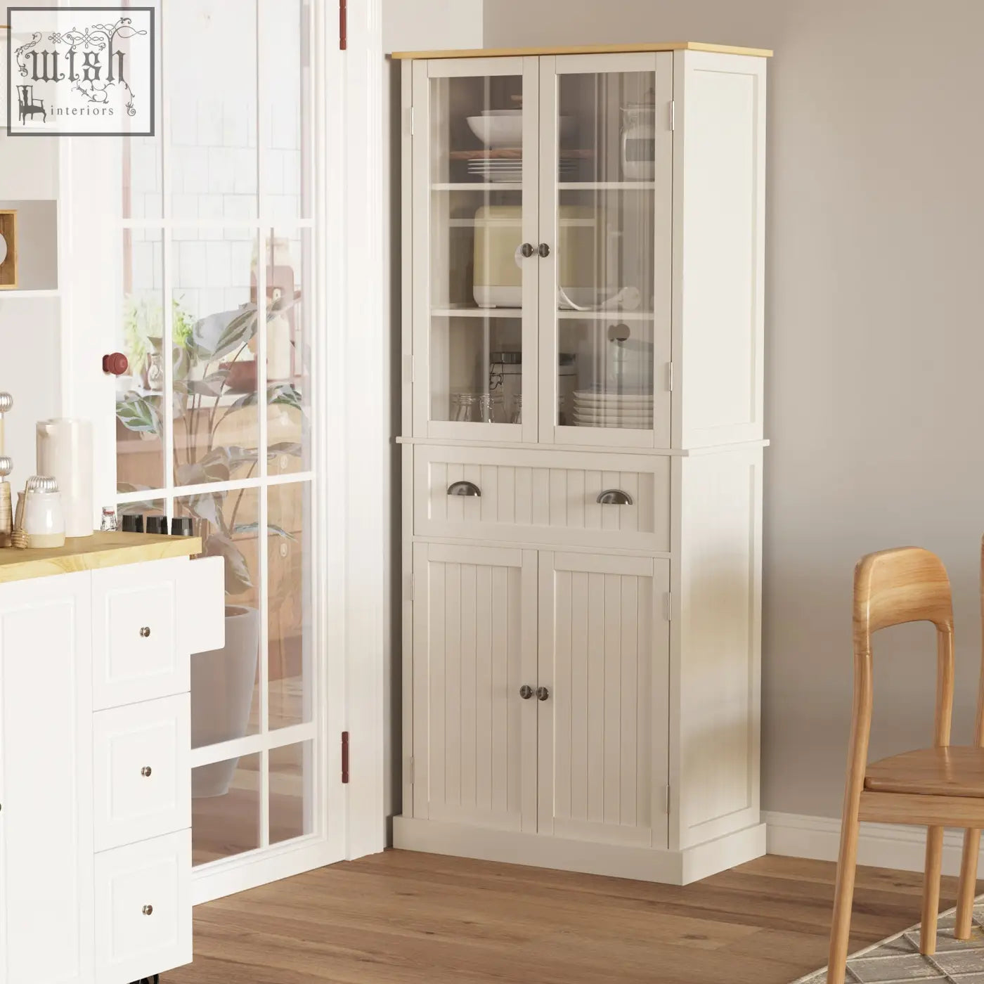 Cream-colored wooden freestanding kitchen cupboard with adjustable shelves and drawer for living room and dining room use