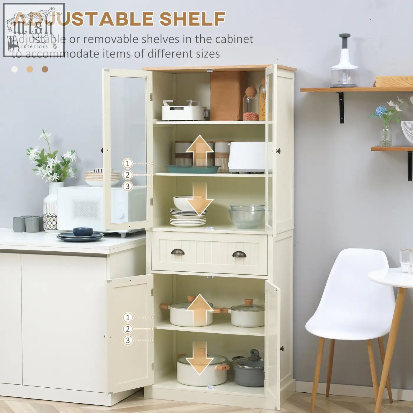 Cream-colored homcom freestanding kitchen cupboard with adjustable shelves glass doors and microwave for living room dining room