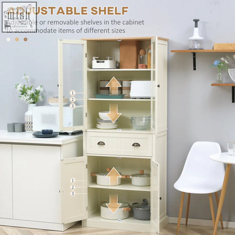 Cream-colored homcom freestanding kitchen cupboard with adjustable shelves glass doors and microwave for living room dining room