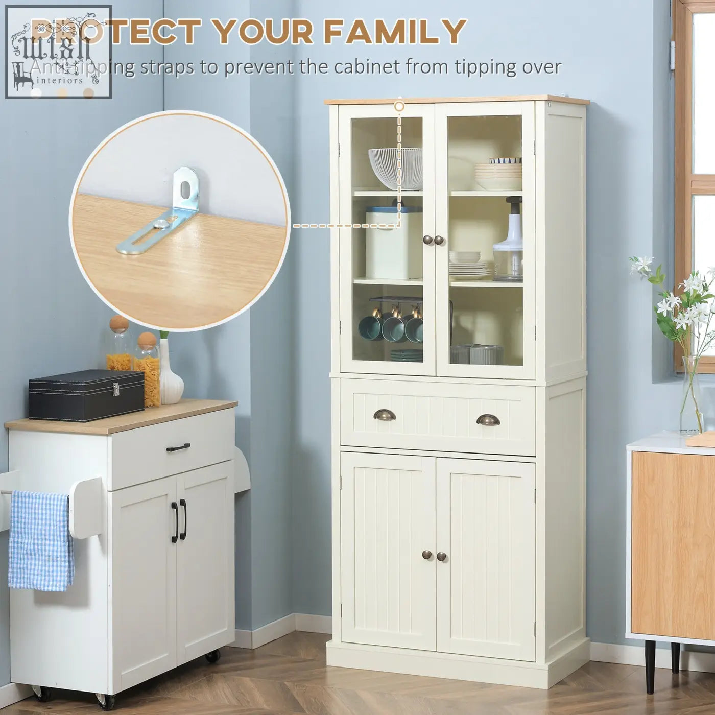 White farmhouse-style HOMCOM freestanding kitchen cupboard with glass doors, wooden countertop, and adjustable shelves for living room or dining room