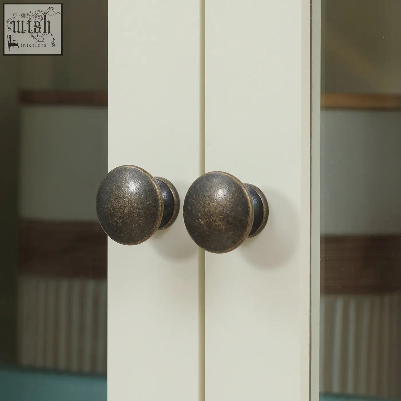 Antique bronze round cabinet knobs on cream white homcom 5-tier storage cabinet with adjustable shelves for living room and dining room