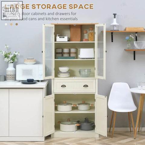 Cream-colored homcom freestanding kitchen cupboard with glass doors wooden handles and adjustable shelves for dining room or living room