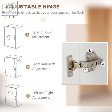 Silver-toned adjustable cabinet hinge on a white HOMCOM Nordic storage cabinet with open countertop and anti-tipping straps
