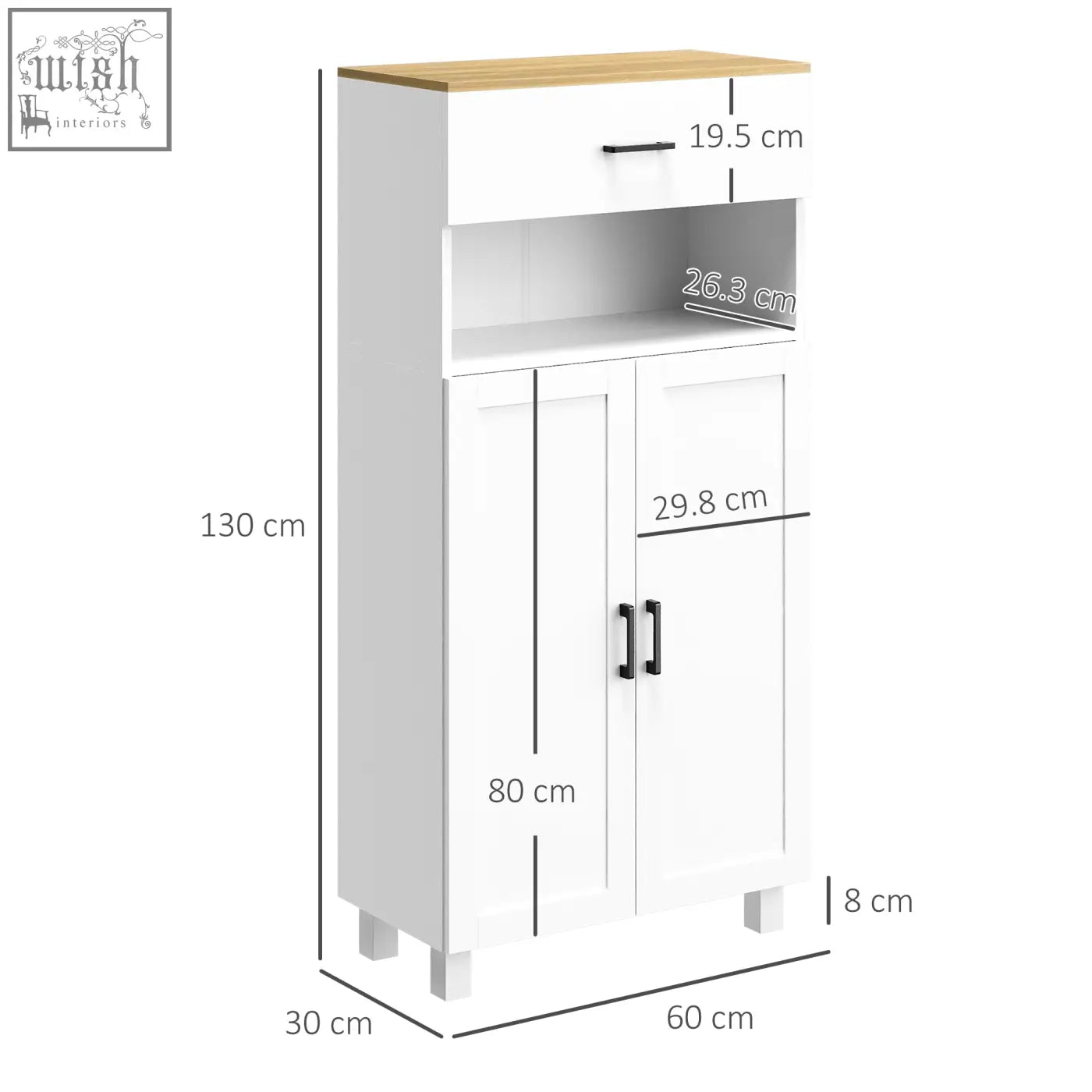 White and light wood freestanding kitchen cupboard with black handles open countertop particle board and anti-tipping straps