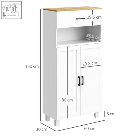 White and light wood freestanding kitchen cupboard with black handles open countertop particle board and anti-tipping straps