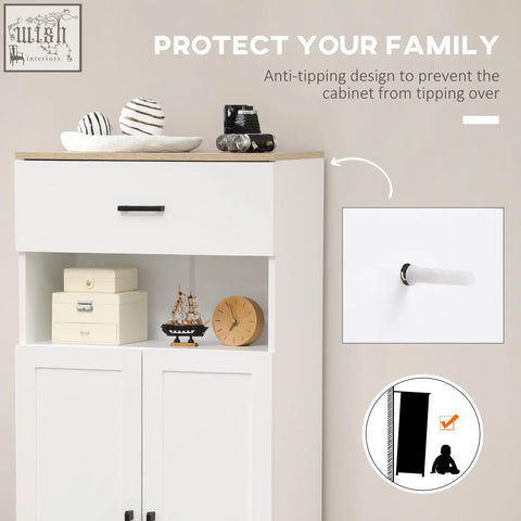White HOMCOM freestanding kitchen cupboard with particle board, black handles, light wood top, open countertop, and anti-tipping straps
