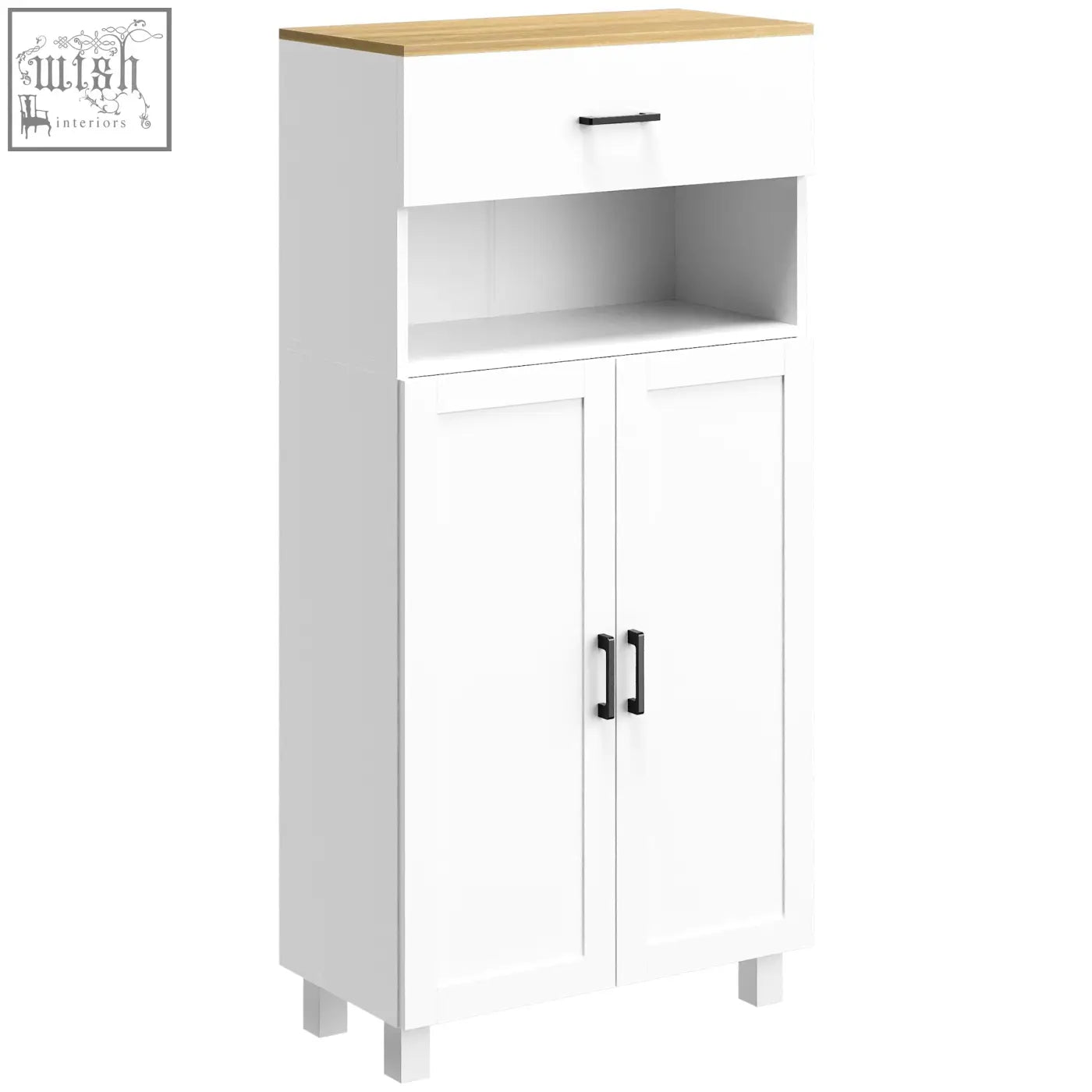 White HOMCOM freestanding kitchen cupboard with particle board, light wood open countertop, black handles, and anti-tipping straps