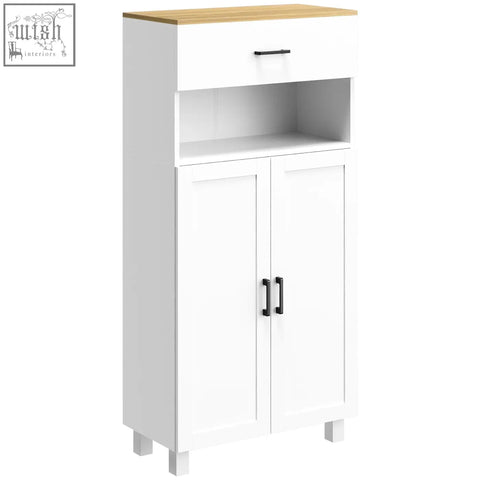 White HOMCOM freestanding kitchen cupboard with particle board, light wood open countertop, black handles, and anti-tipping straps