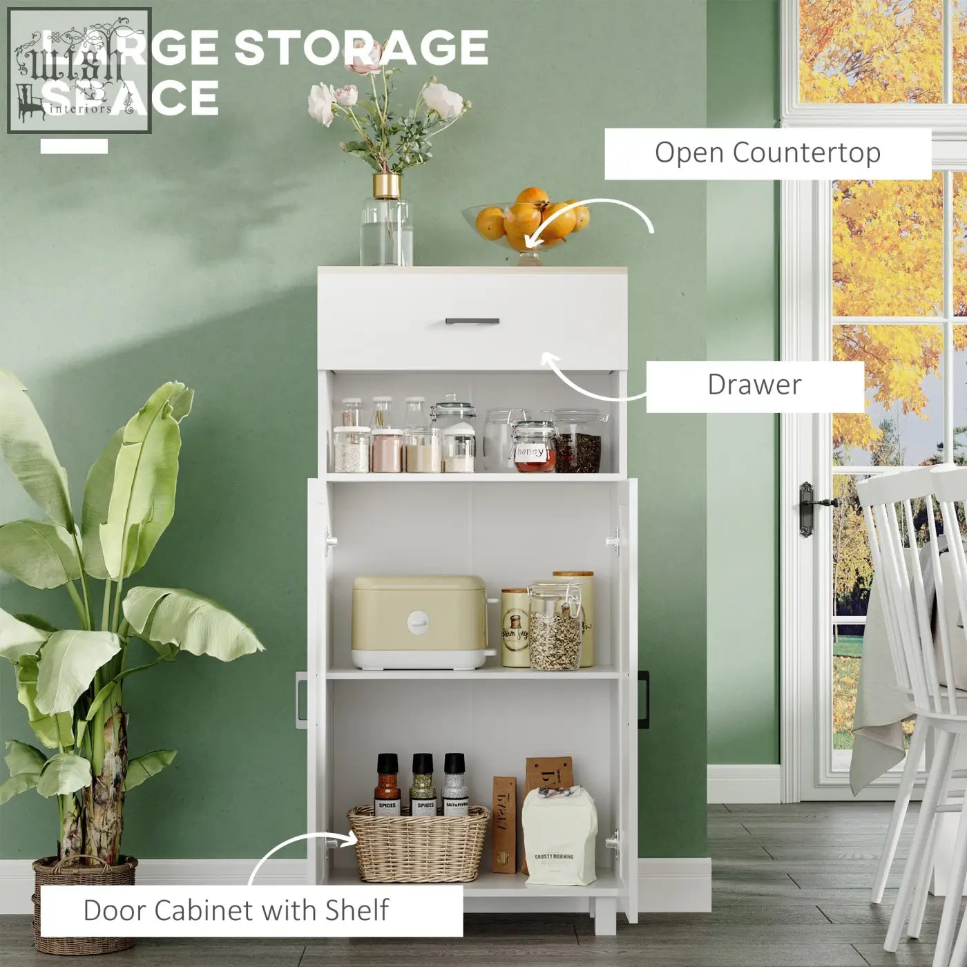 White freestanding kitchen cupboard with open countertop, particle board, drawer, doors, and anti-tipping straps for storage