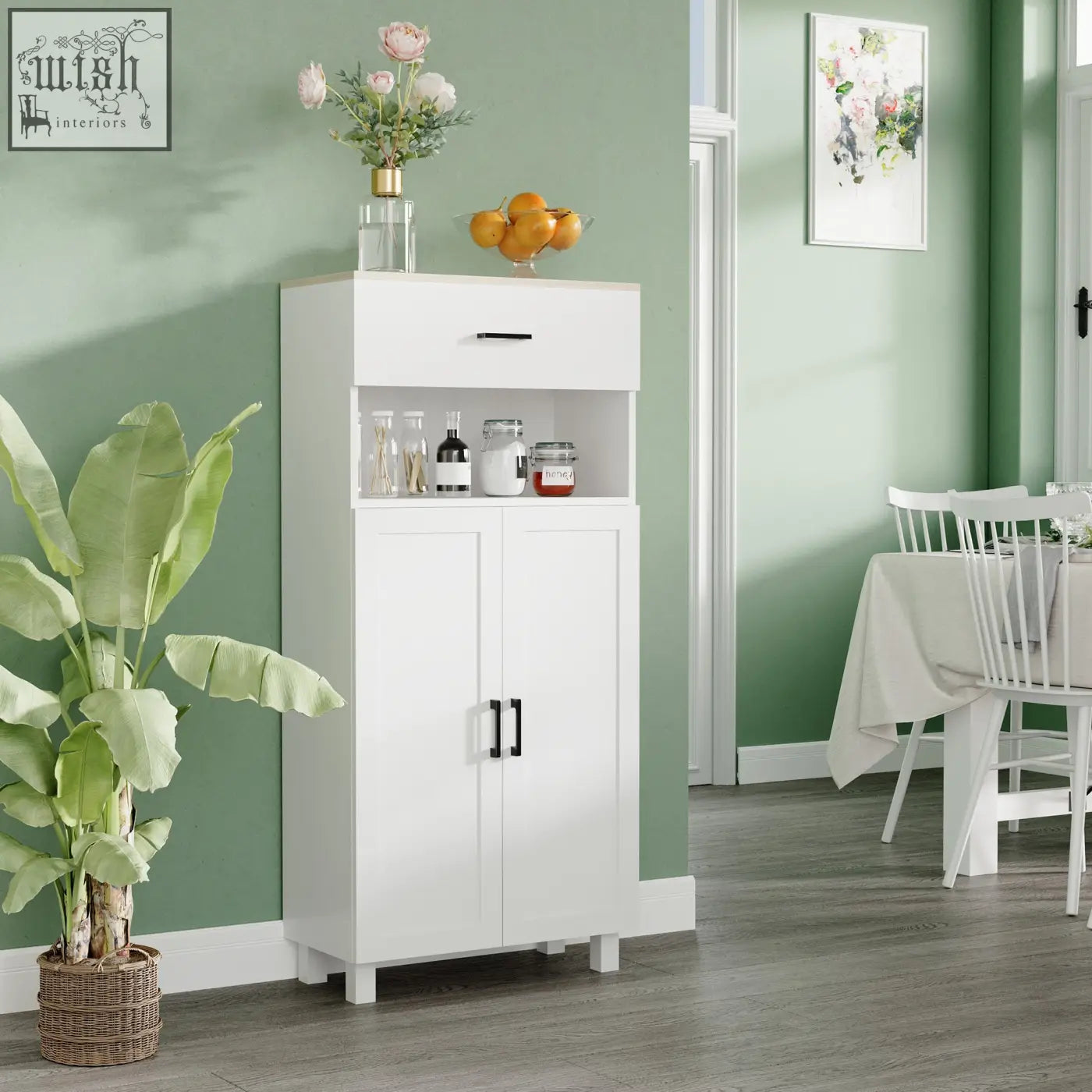 White modern particle board kitchen cupboard with black handles open countertop and open shelving for living room use
