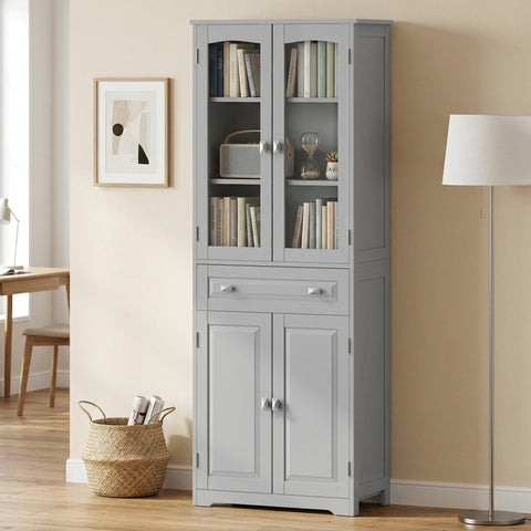 Gray wooden homcom freestanding kitchen cupboard with glass doors, drawer, and adjustable shelves for living room storage