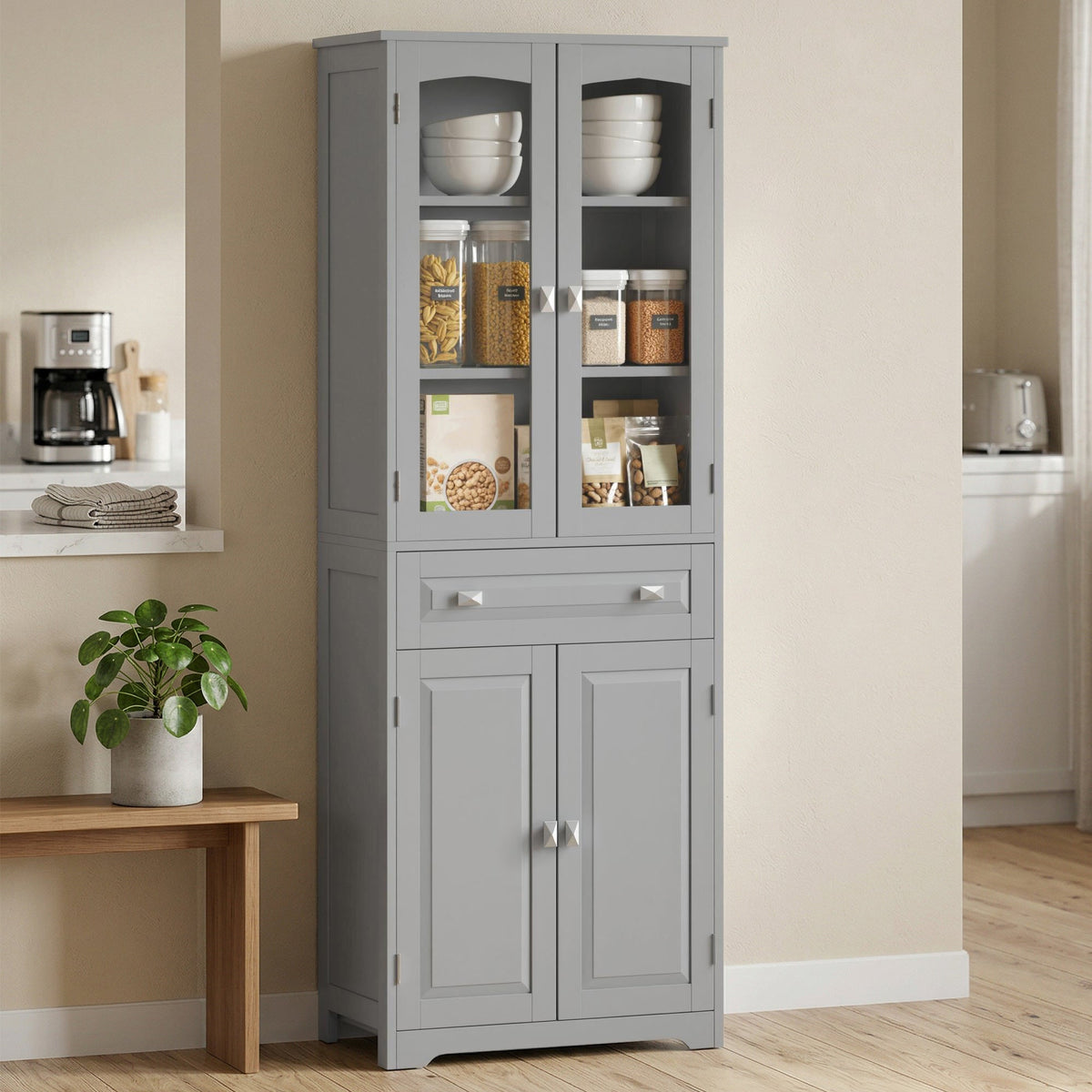 Gray painted wooden freestanding kitchen cupboard with glass doors, drawer, and adjustable shelves for storage
