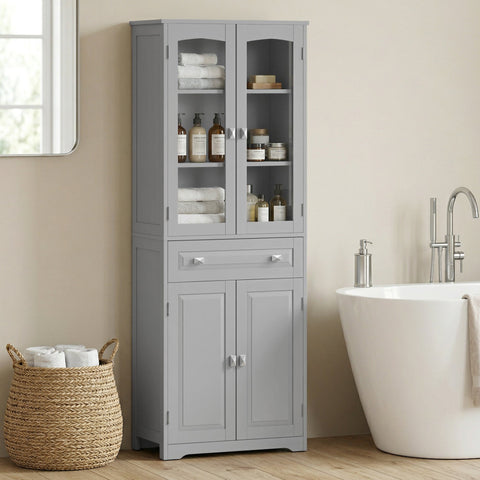 Gray homcom freestanding kitchen cupboard with glass doors and a drawer featuring adjustable shelves for tidy storage