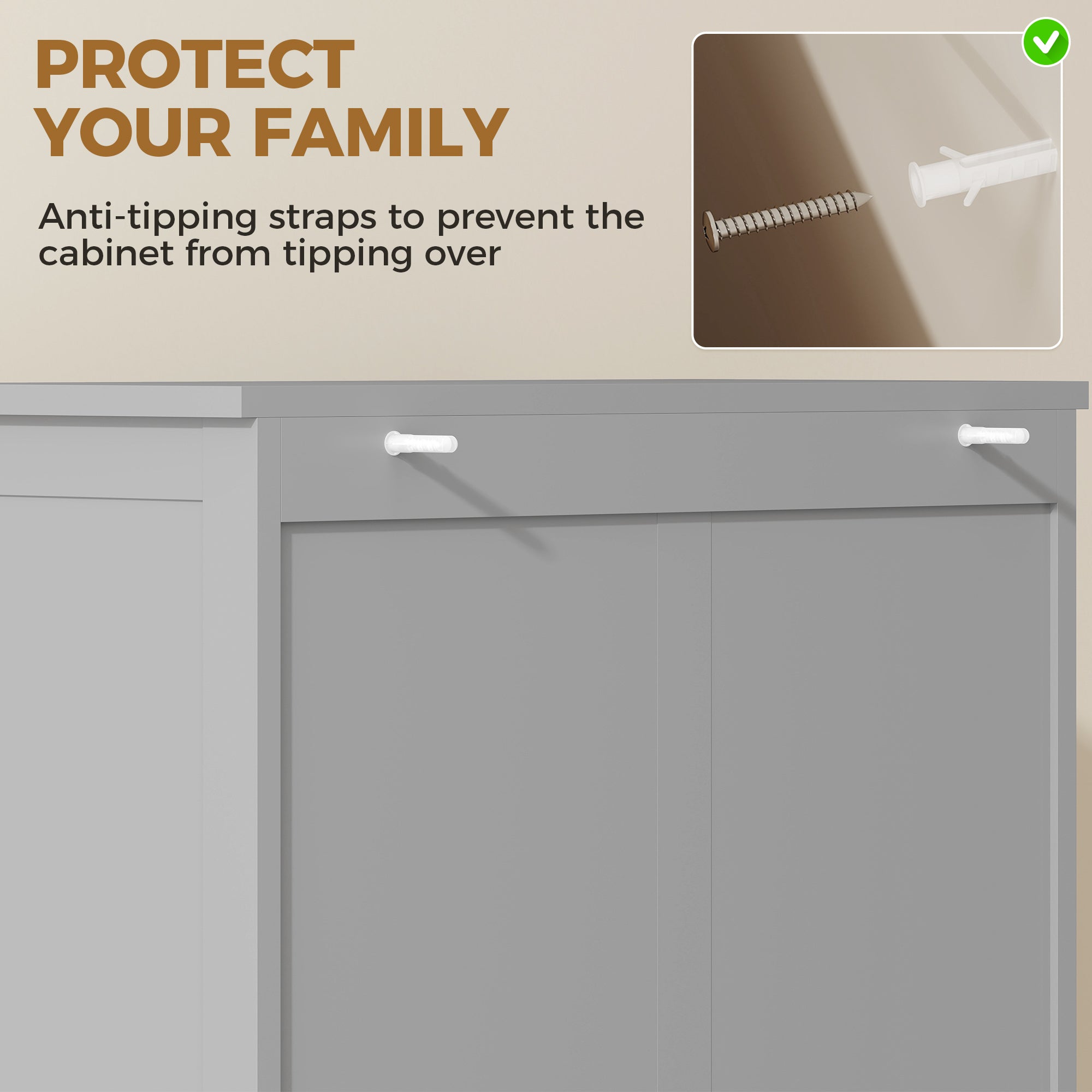 Gray freestanding kitchen cupboard with white handles, anti-tipping straps, and adjustable shelves for safe storage