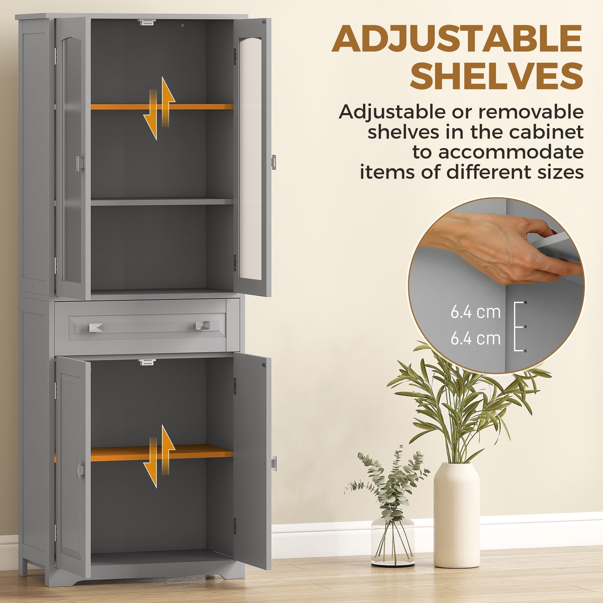 Gray homcom freestanding kitchen cupboard with glass doors and two adjustable shelves for living room storage