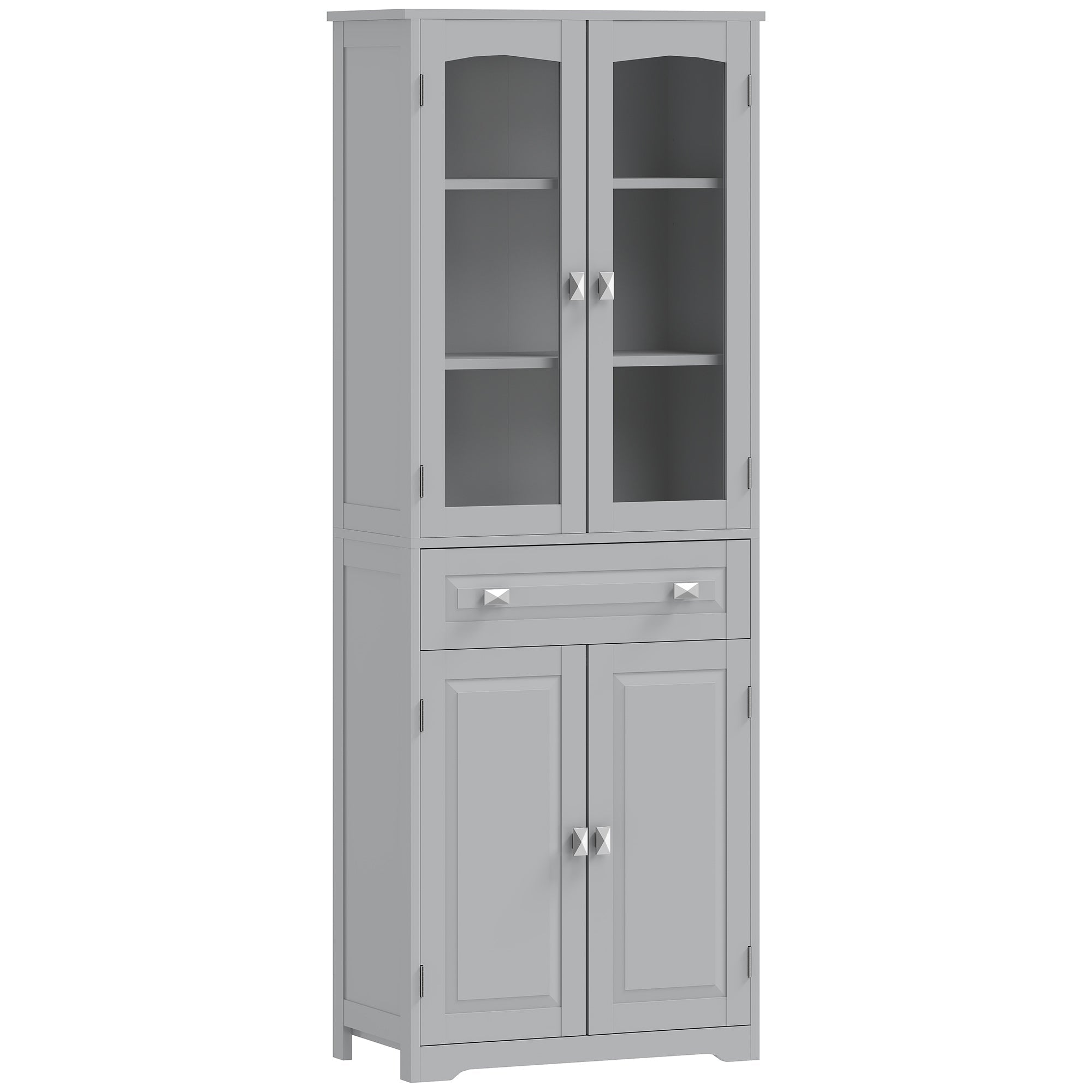 Gray wooden homcom freestanding kitchen cupboard with glass doors, drawer, silver handles, and two adjustable shelves