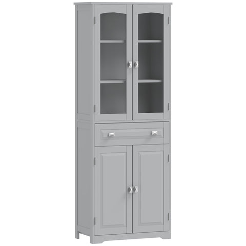 Gray wooden homcom freestanding kitchen cupboard with glass doors, drawer, silver handles, and two adjustable shelves