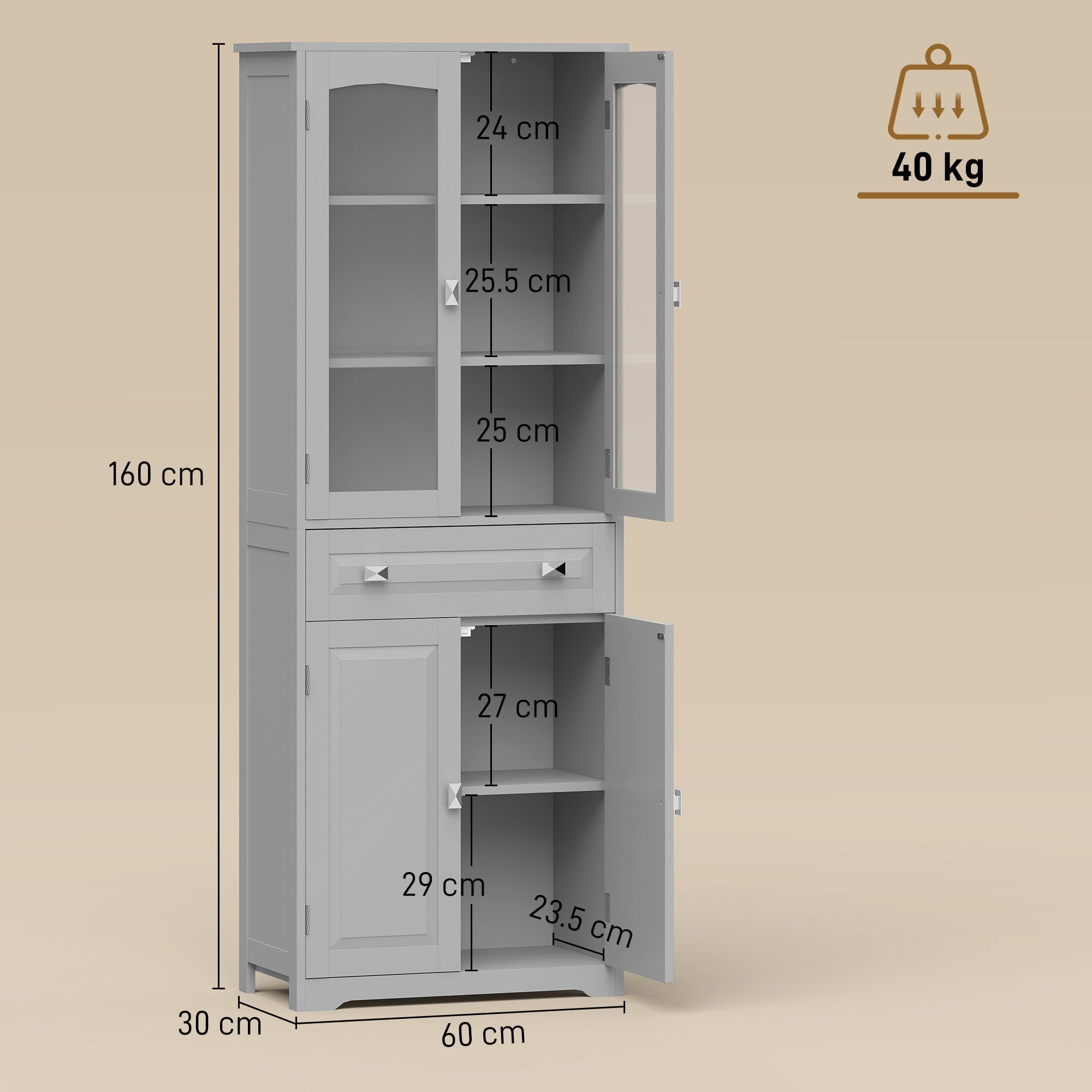 Gray wooden homcom freestanding kitchen cupboard with glass doors, drawer, and two adjustable shelves, 160 cm tall and 60 cm wide