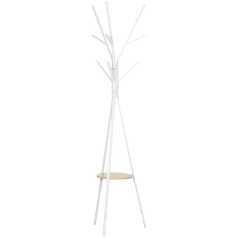 HOMCOM Freestanding Metal Coat Rack Stand 9 Hooks Clothes Tree with 1 Shelf Hat Display Hall Tree Hanger Bag Umbrella Hanging Organiser White