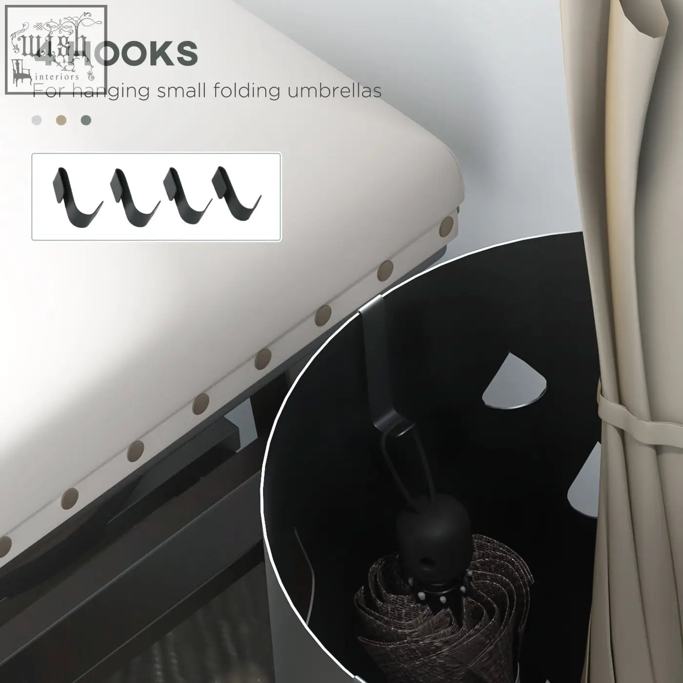 Black metal hooks on dark grey galvanised steel umbrella stand with drip tray for small folding umbrellas in hallway