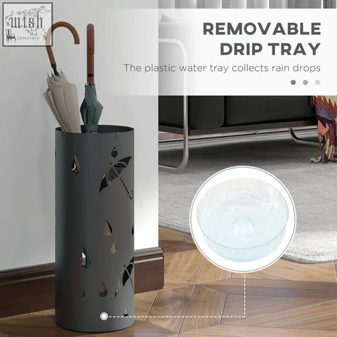 Dark grey galvanised steel umbrella stand with cutout raindrop patterns drip tray and 4 hooks for entryway use
