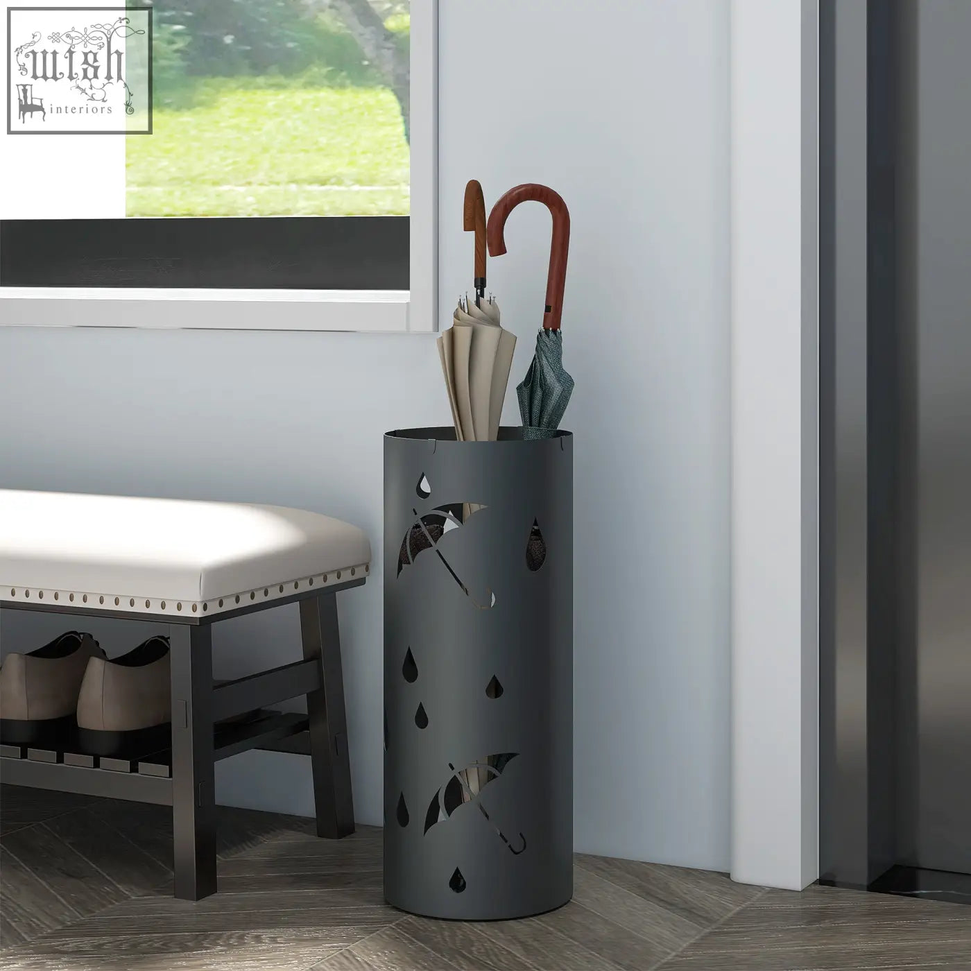 Dark grey galvanised steel umbrella stand with cut-out patterns drip tray and 4 hooks for entryway use