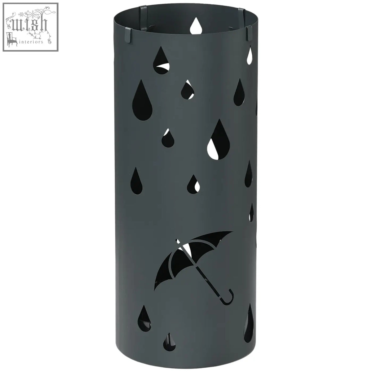Dark grey galvanised steel umbrella stand with raindrop cutouts drip tray and hooks for hallway use