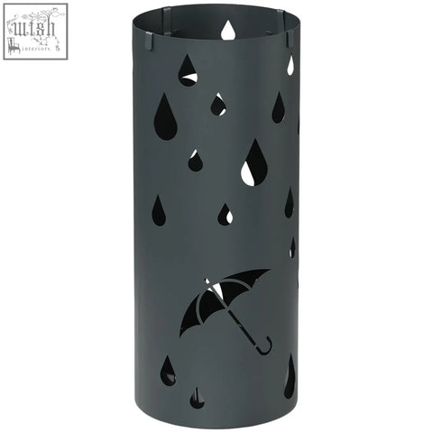 Dark grey galvanised steel umbrella stand with raindrop cutouts drip tray and hooks for hallway use