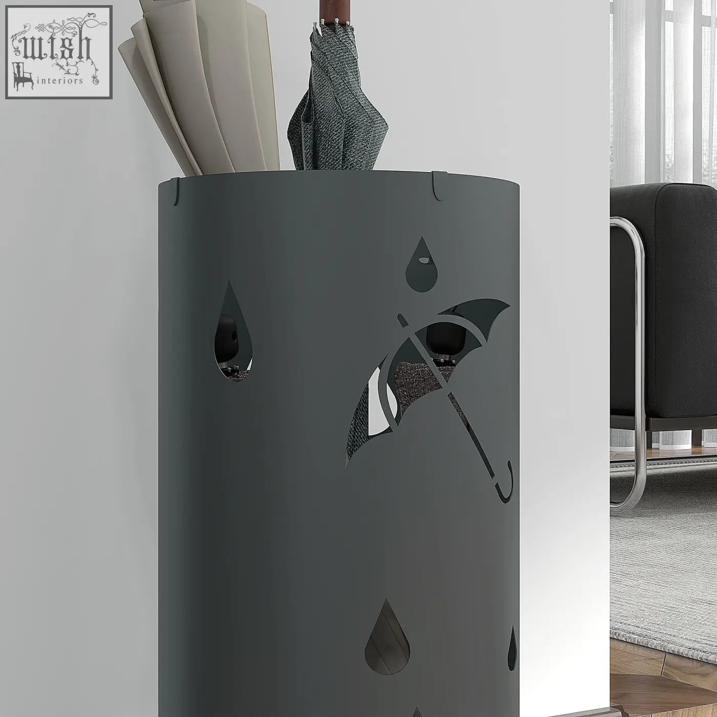 Homcom dark grey galvanised steel freestanding umbrella stand with cut-out designs drip tray and hooks for entryway