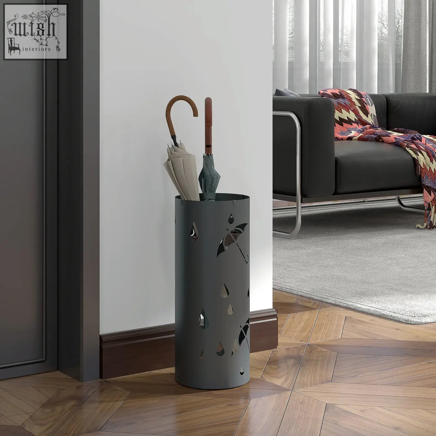 Dark grey galvanised steel umbrella stand with cut-out raindrop patterns drip tray and hooks for hallway use