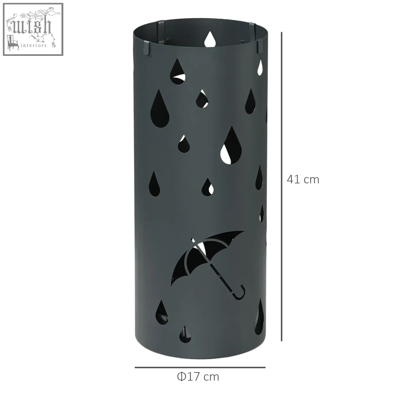 Dark gray galvanised steel umbrella stand with raindrop cutouts drip tray and 4 hooks for entryway use