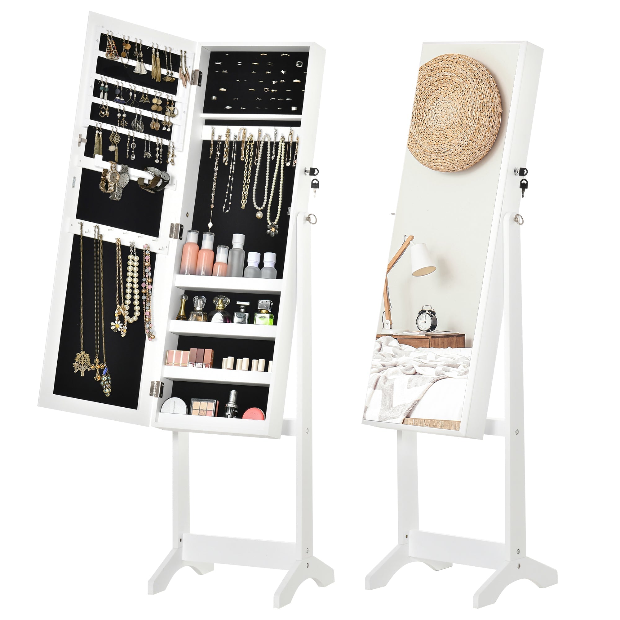 White HOMCOM full length mirror jewelry armoire with lockable door, adjustable shelves, earring slots, and ring slots