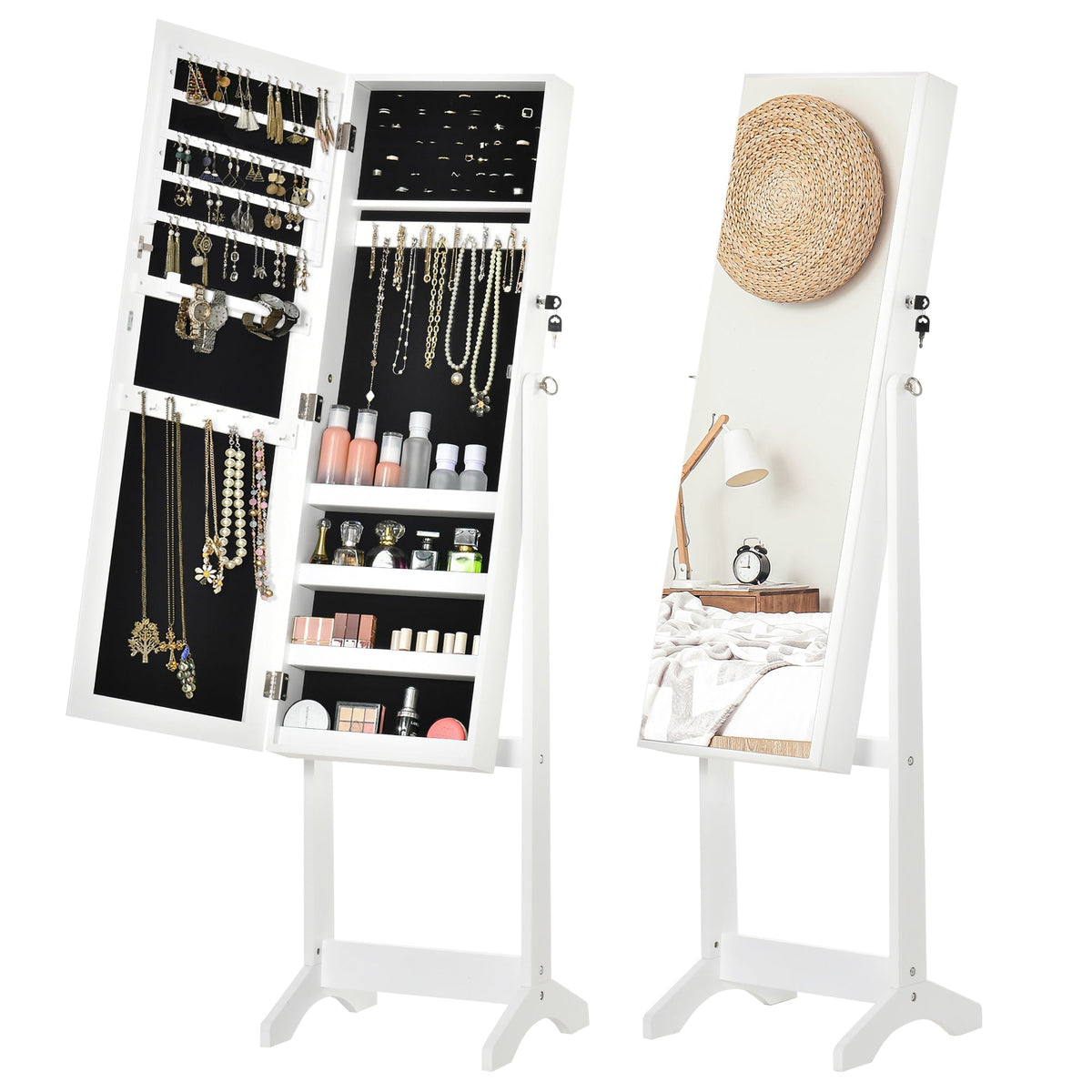 White HOMCOM full length mirror jewelry armoire with lockable door, adjustable shelves, earring slots, and ring slots