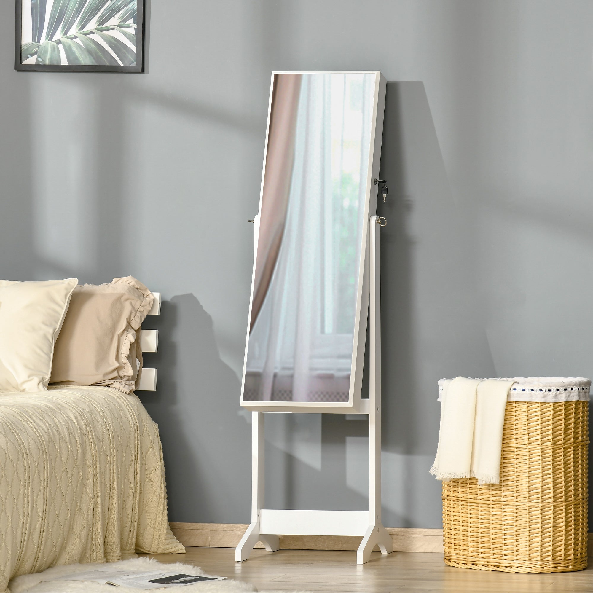 White HOMCOM full length mirror with adjustable height and lockable jewellery cabinet featuring earring slots and ring slots