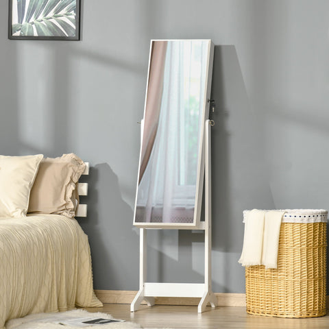 White HOMCOM full length mirror with adjustable height and lockable jewellery cabinet featuring earring slots and ring slots