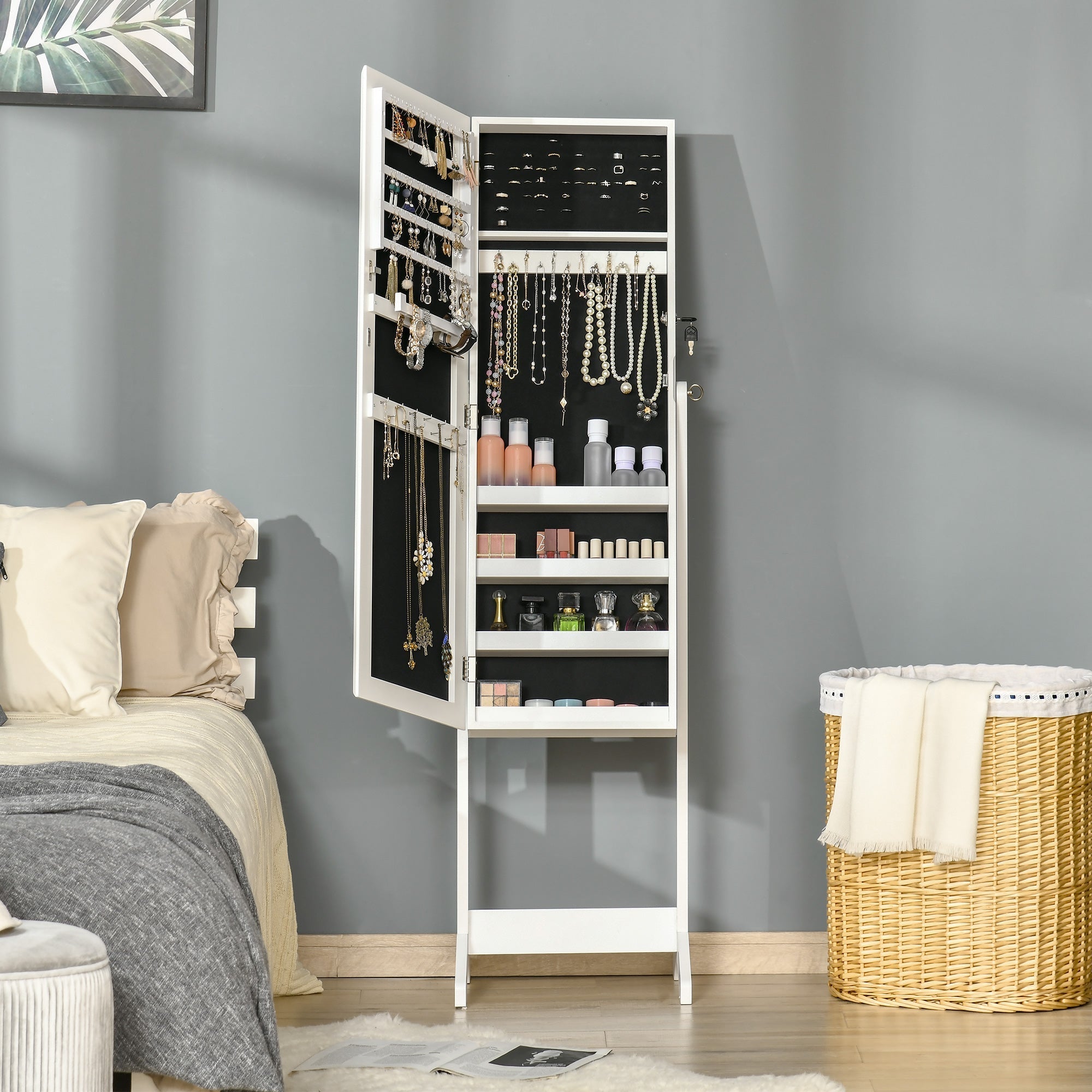 White HOMCOM full length mirror jewelry armoire with black interior, earring slots, ring slots, and lockable storage