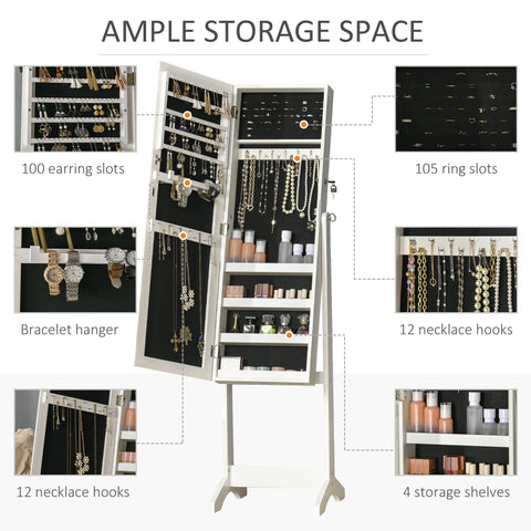 White HOMCOM full length mirror jewelry armoire with earring slots ring slots and mirrored doors for bedroom storage