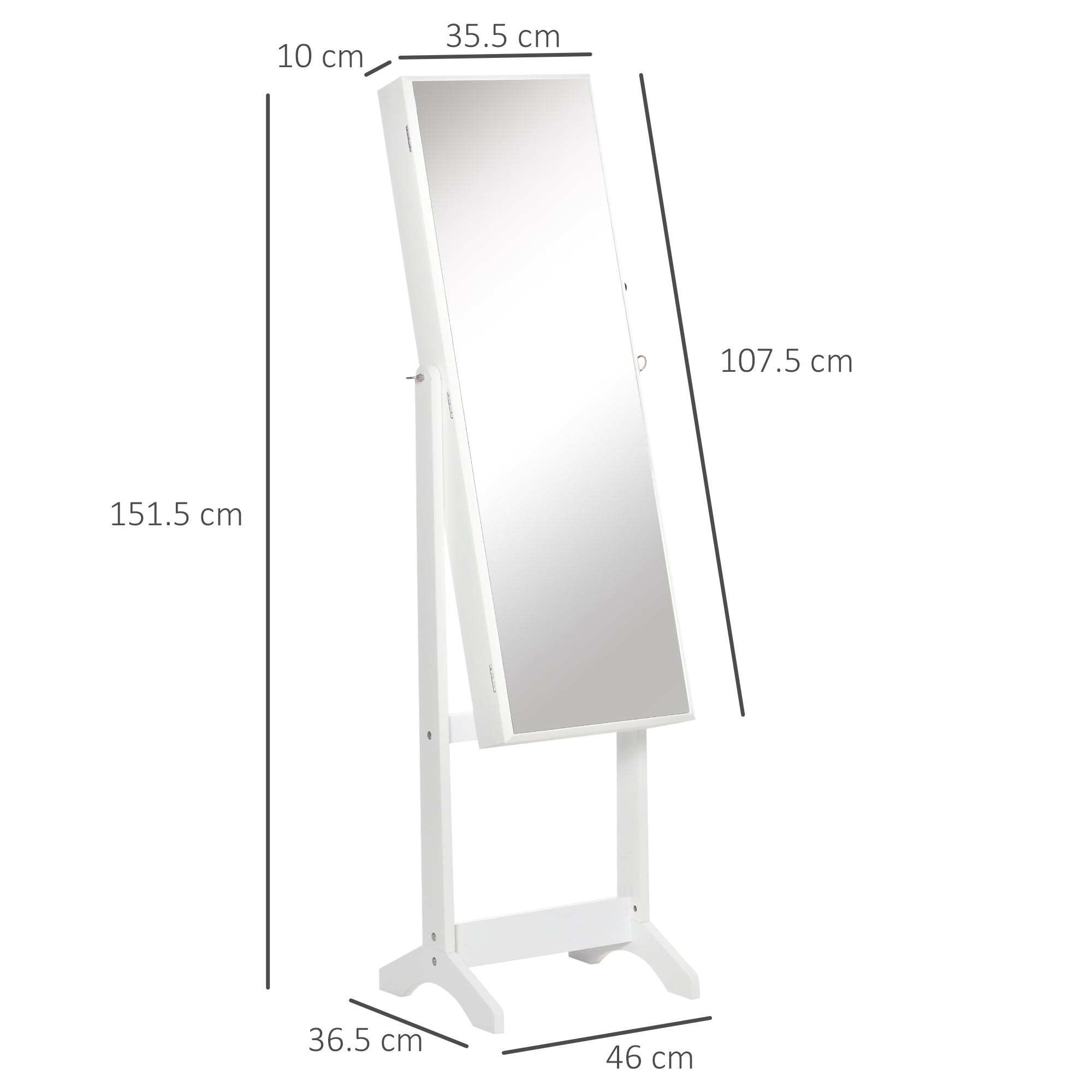 White homcom full length mirror with lockable jewellery organiser earring slots ring slots and adjustable angle stand