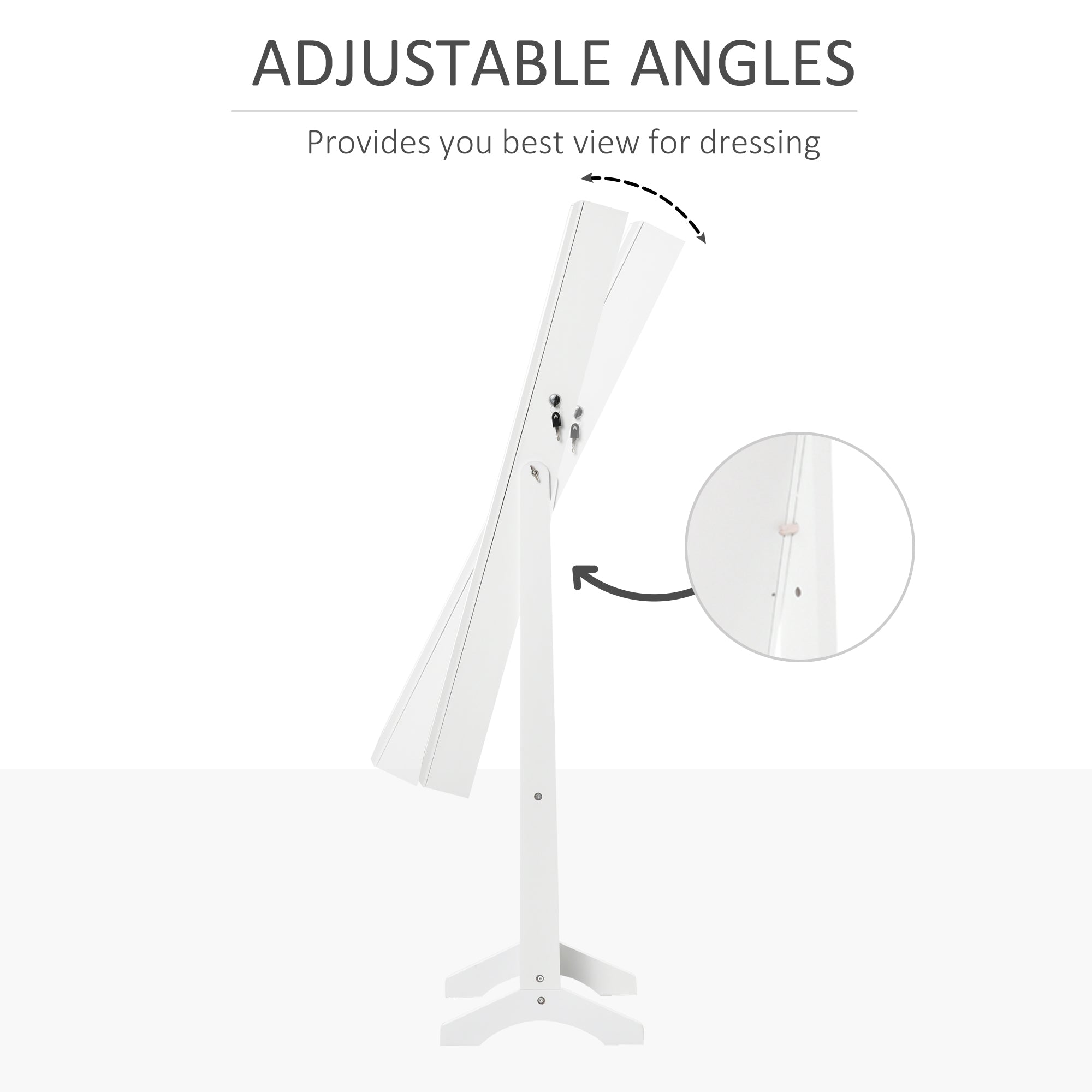 White homcom full length mirror with adjustable angle, earring slots, ring slots, and sturdy tripod stand for bedroom use
