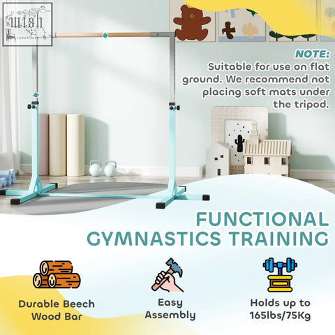 Light blue homcom height adjustable kids gymnastics bar with natural wood grip and powder coated steel frame for fitness